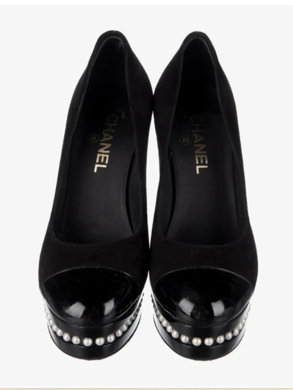 Chanel Pearl Platform Pumps Heels Cap Toe Black Suede Size 40.5 US 10.5